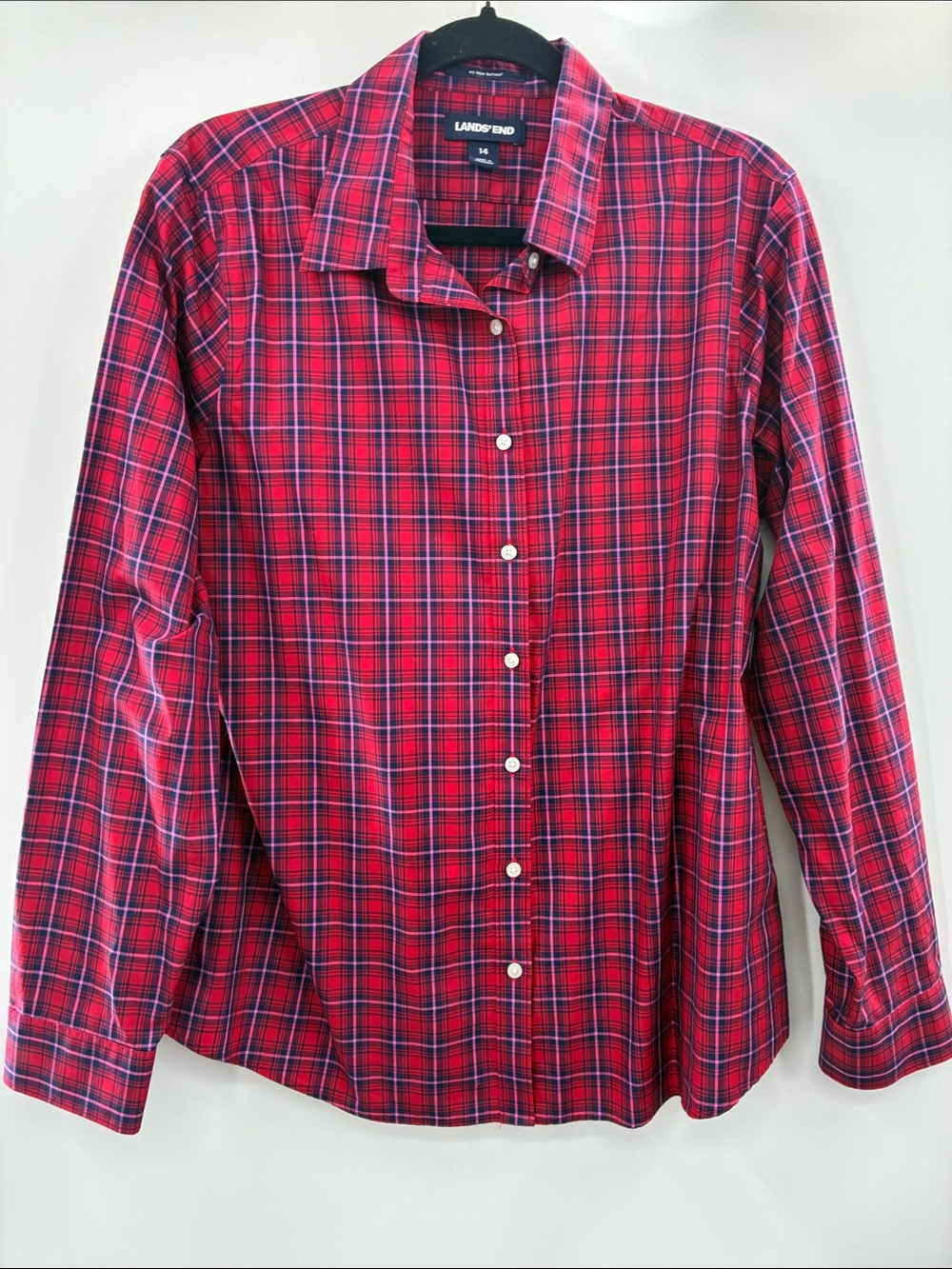 Lands' End Red and Navy Plaid Button-Down Shirt size 14